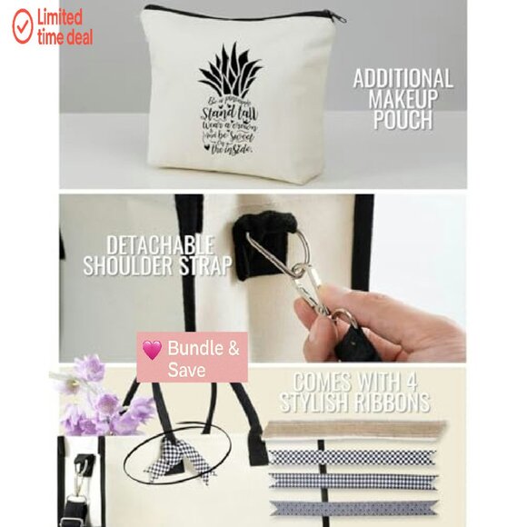 Large Canvas Tote Bag with Zipper, Pockets, Detachable Strap, Makeup Pouch - Picture 6 of 8